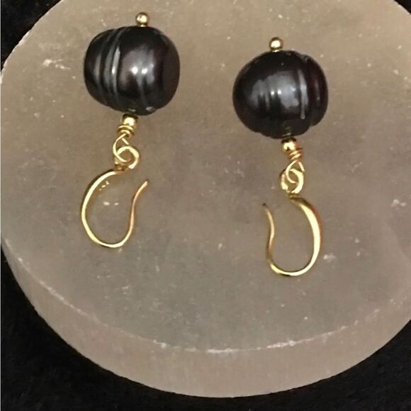 Tahitian Black Baroque Pearl Earrings 18KYG Over 925 Fine Silver - Picture 6 of 10